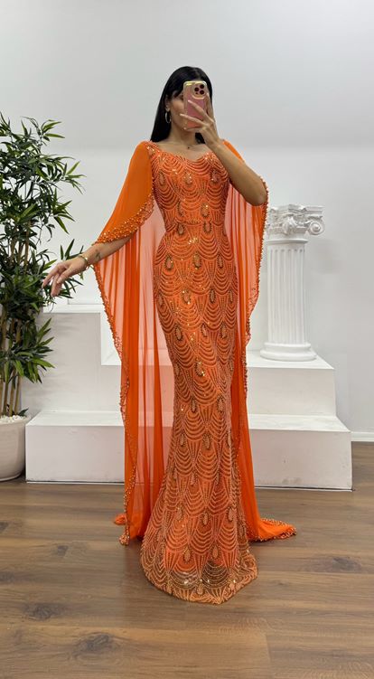 Turuncu İşlemeli Pelerinli  Abiye Elbise